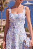 Vestido midi floral midi verde de decote quadrado com contas e renda nas costas