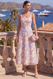 Vestido midi floral midi verde de decote quadrado com contas e renda nas costas
