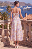 Vestido midi floral midi verde de decote quadrado com contas e renda nas costas