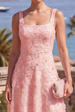 Vestido midi floral midi verde de decote quadrado com contas e renda nas costas