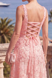 Vestido midi floral midi verde de decote quadrado com contas e renda nas costas
