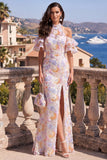 Vestido maxi floral azul roxo com folhos e decote sereia, decote de sereia