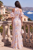 Vestido maxi floral azul roxo com folhos e decote sereia, decote de sereia
