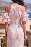 Vestido maxi floral azul roxo com folhos e decote sereia, decote de sereia