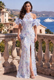 Vestido maxi floral azul roxo com folhos e decote sereia, decote de sereia