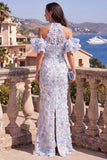 Vestido maxi floral azul roxo com folhos e decote sereia, decote de sereia