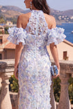 Vestido maxi floral azul roxo com folhos e decote sereia, decote de sereia