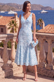 Vestido Midi A-Line Blue com Decote em V e Bordas