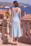 Vestido Midi A-Line Blue com Decote em V e Bordas