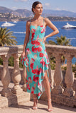 Vestido Midi A-Line de Flor Vermelha Cor-de-rosa, alças finas plissadas com folhos e fenda