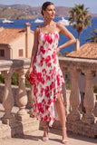 Vestido Midi A-Line de Flor Vermelha Cor-de-rosa, alças finas plissadas com folhos e fenda