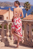Vestido Midi A-Line de Flor Vermelha Cor-de-rosa, alças finas plissadas com folhos e fenda