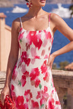 Vestido Midi A-Line de Flor Vermelha Cor-de-rosa, alças finas plissadas com folhos e fenda