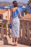 Vestido Midi Midi Floral Bodycon Azul Bodycon Um Ombro e Fenda