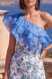 Vestido Midi Midi Floral Bodycon Azul Bodycon Um Ombro e Fenda
