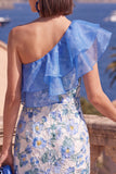 Vestido Midi Midi Floral Bodycon Azul Bodycon Um Ombro e Fenda
