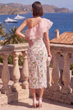 Vestido Midi Midi Floral Bodycon Azul Bodycon Um Ombro e Fenda