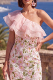 Vestido Midi Midi Floral Bodycon Azul Bodycon Um Ombro e Fenda