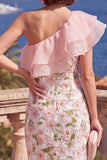 Vestido Midi Midi Floral Bodycon Azul Bodycon Um Ombro e Fenda