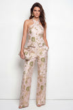Fatos Jacquard de Mulher de Flor Verde de 2 peças, decote halter e seios simples