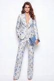 Fato feminino de 2 peças Blue Flower Peak Lapela Jacquard One Button