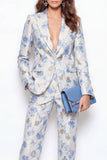 Fato feminino de 2 peças Blue Flower Peak Lapela Jacquard One Button