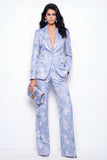 Jaquard azul, fatos de mulher slim fit com 2 peças Jacquard One Button Fit