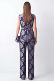 Fatos de lapela de 2 peças Jacquard azul-marinho Jacquard com cinto