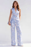 Fato Jacquard floral feminino de 2 peças com lapela azul e um botão