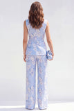 Fato Jacquard floral feminino de 2 peças com lapela azul e um botão