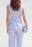 Fato Jacquard floral feminino de 2 peças com lapela azul e um botão