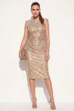 Vestido Midi de trabalho Midi com lantejoulas douradas com gola redonda e decote redondo brilhante