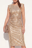 Vestido Midi de trabalho Midi com lantejoulas douradas com gola redonda e decote redondo brilhante