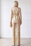 Fato de mulher Jacquard com decote em V dourado de 2 peças e cinto