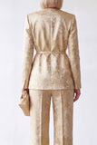 Fato de mulher Jacquard com decote em V dourado de 2 peças e cinto