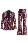 Fato feminino de lapela preta com pico brilhante e de um botão, lantejoulas florais