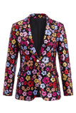 Fato feminino de lapela preta com pico brilhante e de um botão, lantejoulas florais
