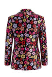 Fato feminino de lapela preta com pico brilhante e de um botão, lantejoulas florais