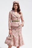 Vestido de trabalho Jacquard Midi de 2 peças, flor verde cor-de-rosa com entalhe na lapela