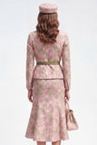Vestido de trabalho Jacquard Midi de 2 peças, flor verde cor-de-rosa com entalhe na lapela