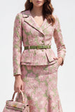 Vestido de trabalho Jacquard Midi de 2 peças, flor verde cor-de-rosa com entalhe na lapela
