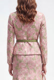 Vestido de trabalho Jacquard Midi de 2 peças, flor verde cor-de-rosa com entalhe na lapela