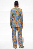 Fato feminino de mulher de um botão floral azul com 2 peças e entalhe