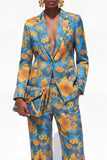 Fato feminino de mulher de um botão floral azul com 2 peças e entalhe