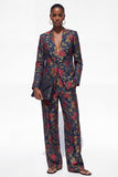 Fato feminino Jacquard preto de dois peças, floral de um botão,