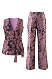 Fato feminino rosa azul-marinho floral decote em V com cinto