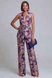Fato feminino rosa azul-marinho floral decote em V com cinto