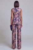 Fato feminino rosa azul-marinho floral decote em V com cinto