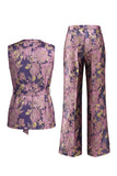 Fato feminino rosa azul-marinho floral decote em V com cinto