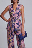Fato feminino rosa azul-marinho floral decote em V com cinto